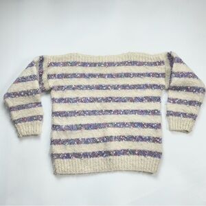 Handmade Sweater Chunky‎ Striped Women Cream Purple Cozy Fairycore Autumn Unique